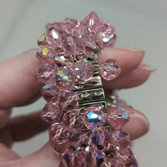 Vintage Pink Aurora Borealis Crystal Stretch Bracelet - Picture 11 of 12